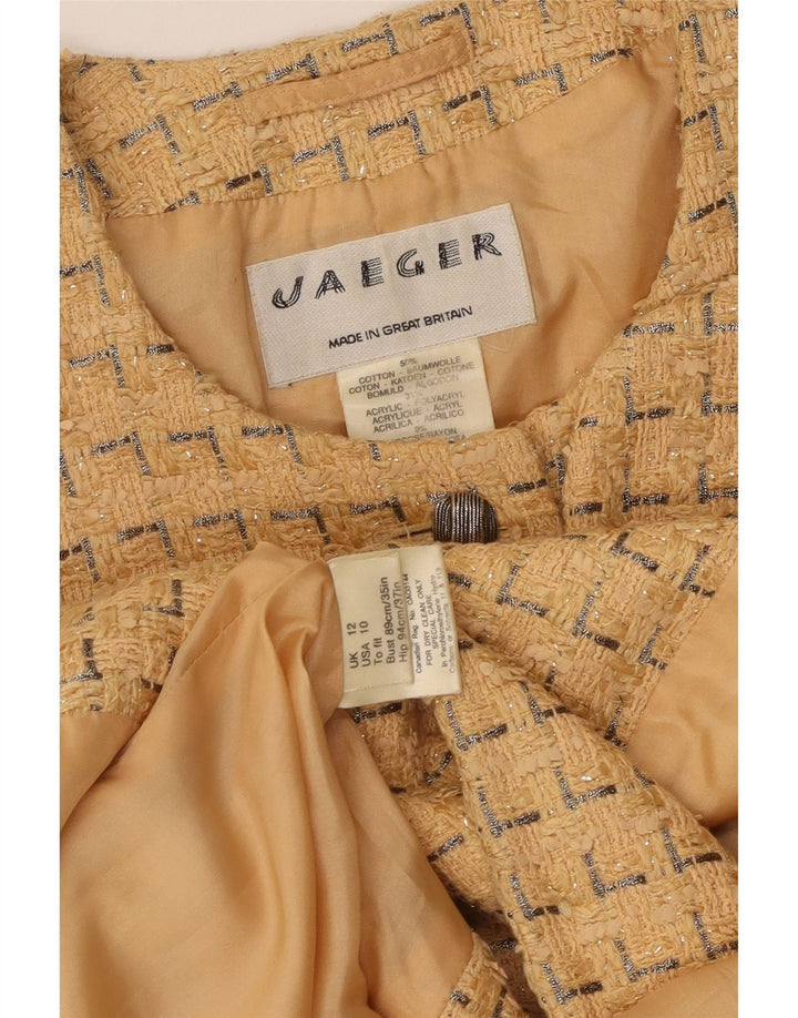 Jaeger Womens 5 Button Blazer Jacket UK 12 Medium Yellow Geometric Cotton