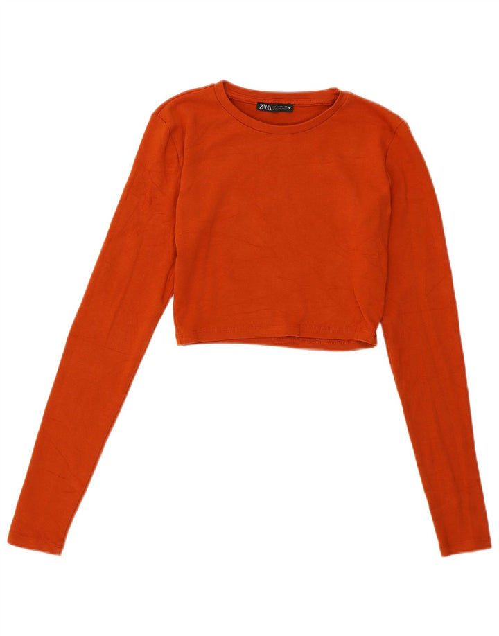 Zara Womens Crop Top Long Sleeve UK 12 Medium Brown Cotton