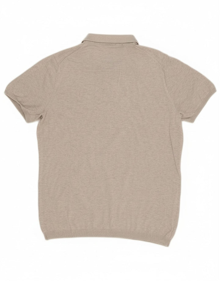 LYLE & SCOTT Mens Short Sleeve Polo Neck Jumper Sweater Large Grey Cotton