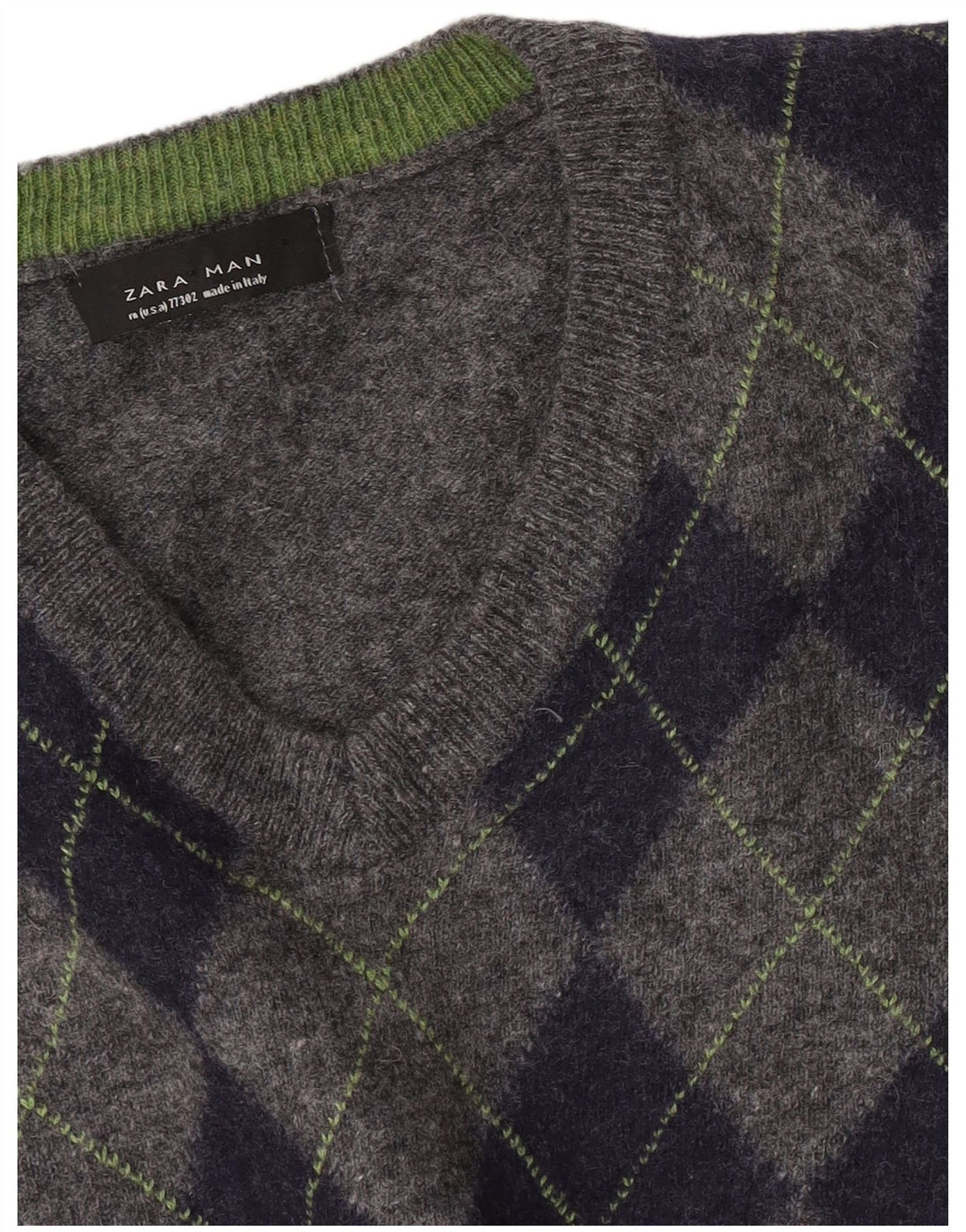 Zara Mens V-Neck Jumper Sweater Medium Grey Argyle/Diamond
