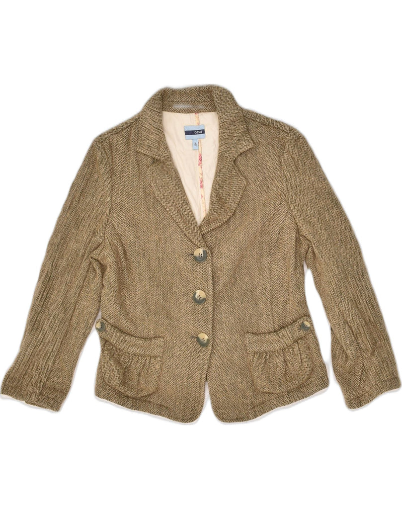 OASIS Womens 3 Button Blazer Jacket UK 12 Medium Khaki Herringbone Viscose | Vintage Oasis | Thrift | Second-Hand Oasis | Used Clothing | Messina Hembry 