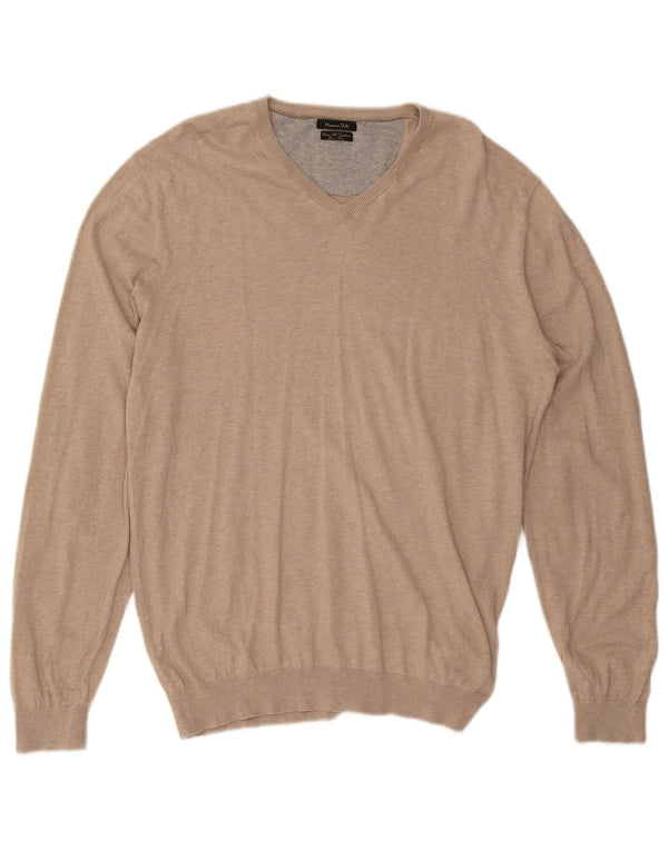 Massimo Dutti Mens V-Neck Jumper Sweater Large Beige Cotton