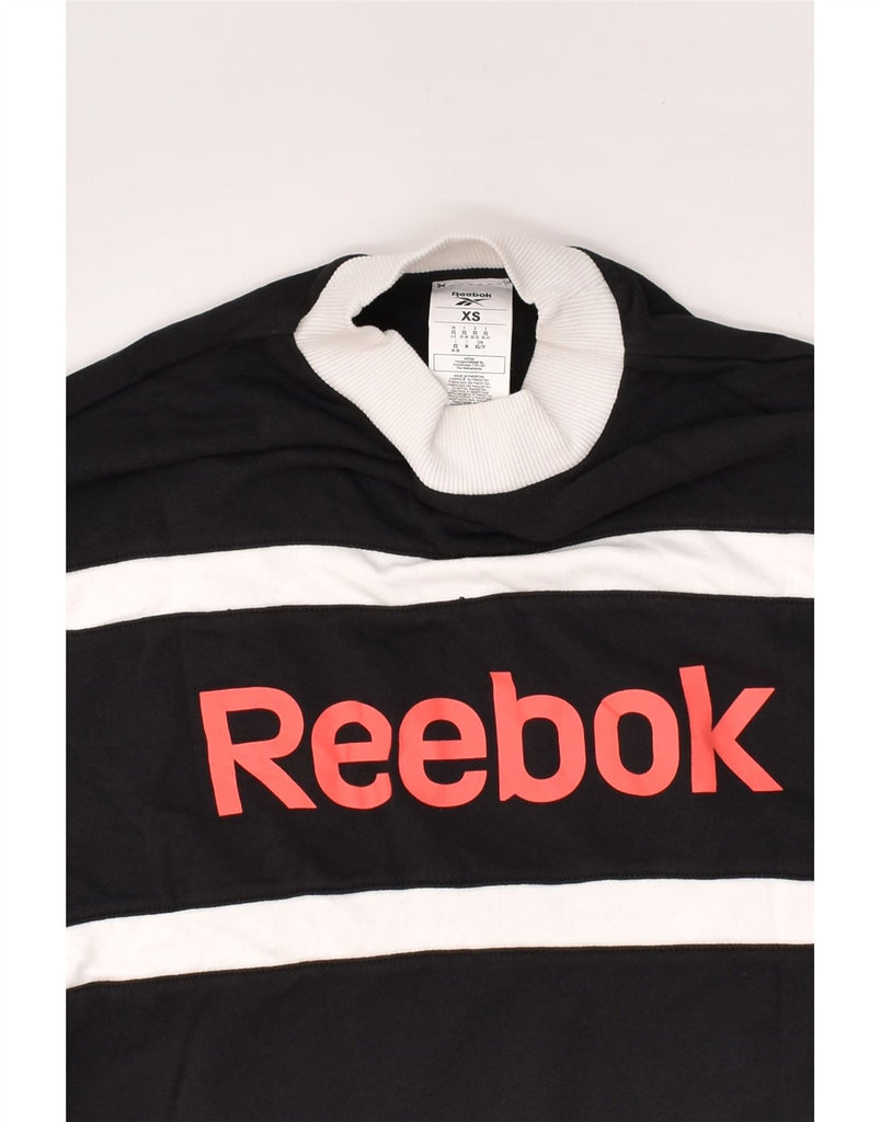 REEBOK Womens Graphic Sweatshirt Jumper UK 4/6 XS Black Colourblock Cotton | Vintage Reebok | Thrift | Second-Hand Reebok | Used Clothing | Messina Hembry 