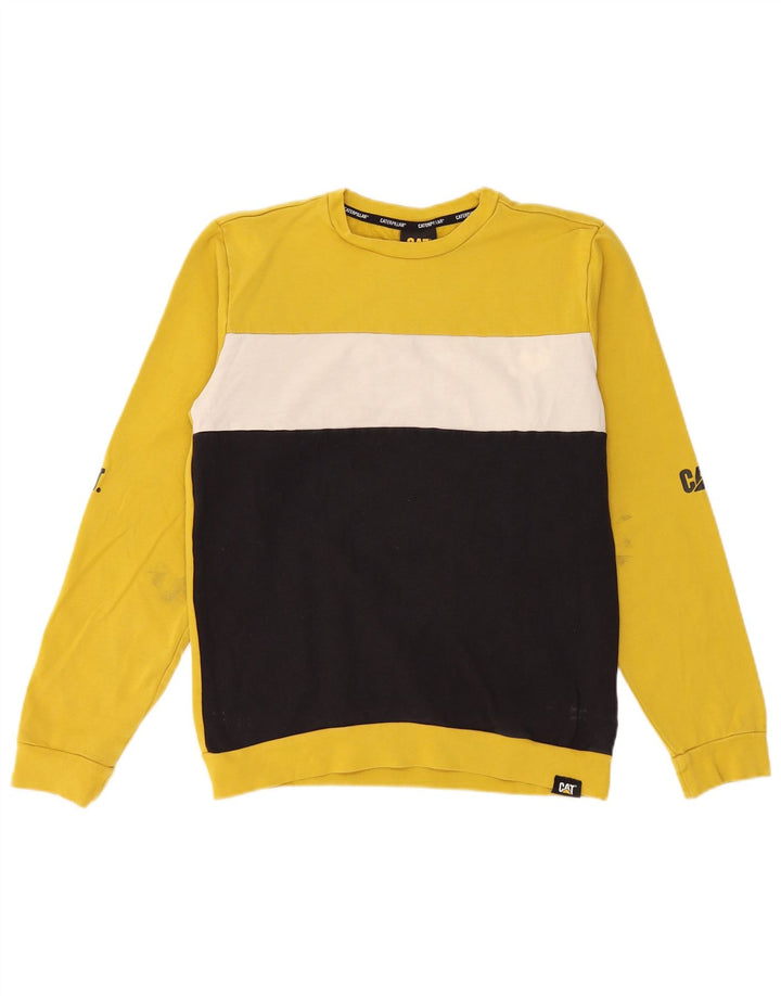 CAT Boys Graphic Sweatshirt Jumper 13-14 Years Yellow Colourblock Cotton