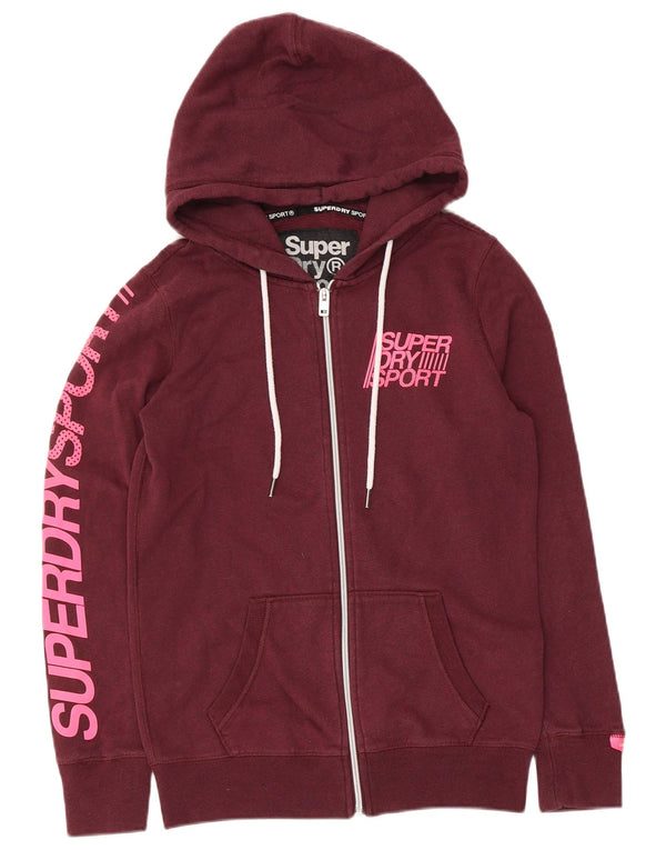 Superdry Womens Graphic Zip Hoodie Sweater UK 6 XS Maroon Cotton