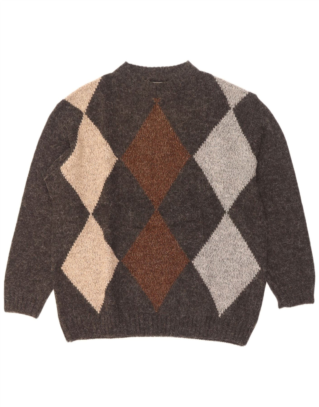Vintage Mens Crew Neck Jumper Sweater Large Grey Argyle/Diamond Acrylic