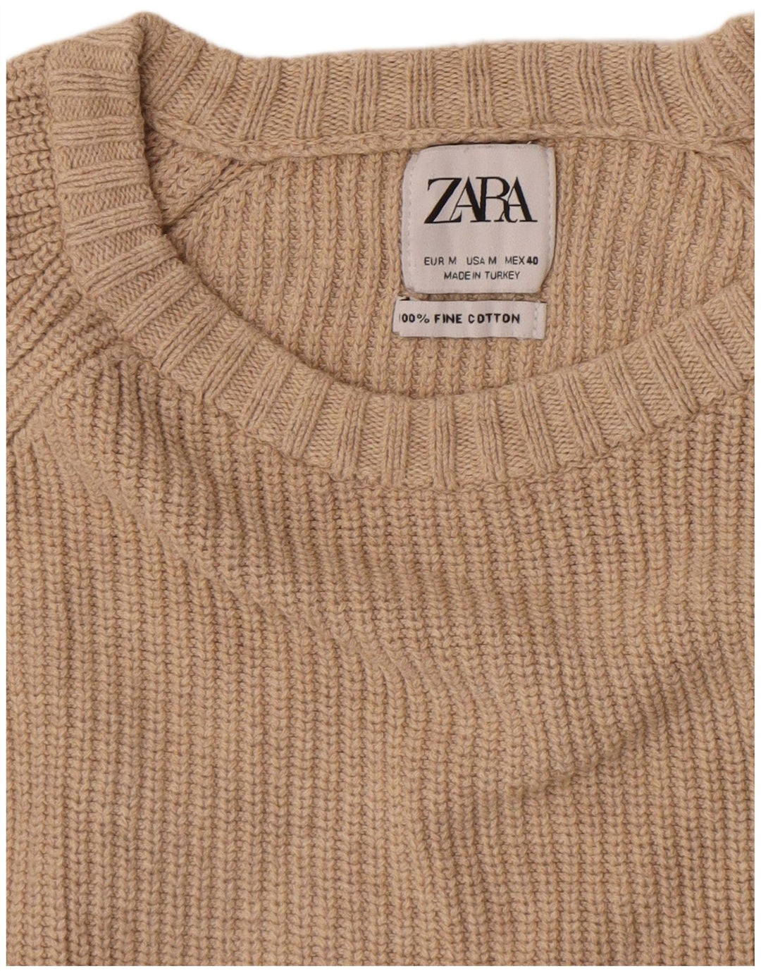 Zara Mens Crew Neck Jumper Sweater Medium Beige Cotton
