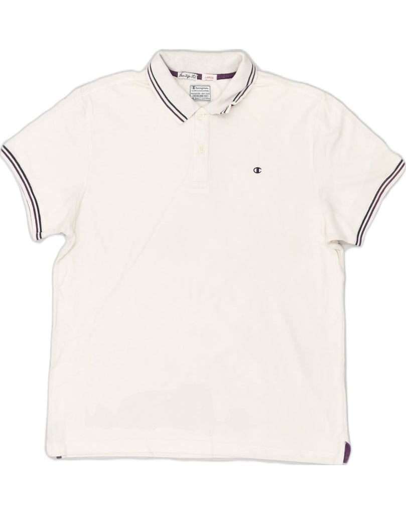 CHAMPION Mens Heritage Fit Polo Shirt Large White Cotton | Vintage Champion | Thrift | Second-Hand Champion | Used Clothing | Messina Hembry 