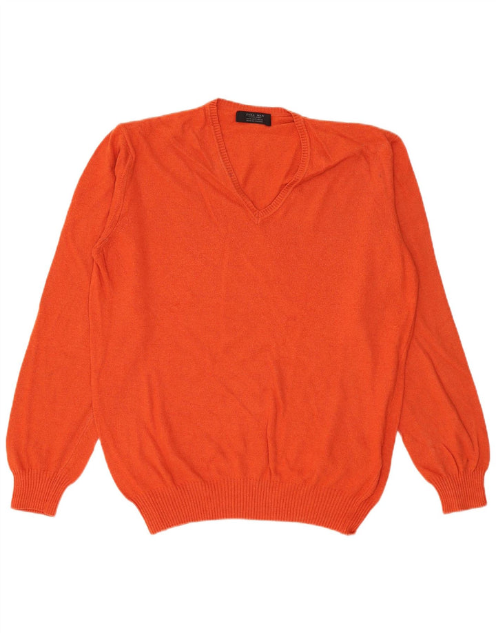 Zara Mens V-Neck Jumper Sweater XL Orange Viscose
