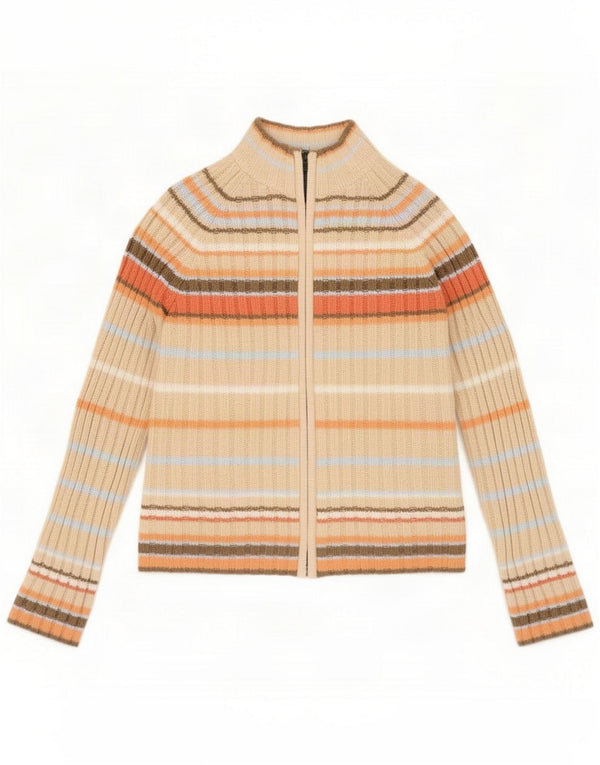 Marks & Spencer Womens Full Zip Cardigan Sweater UK 14 Medium Beige Striped