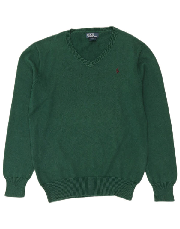 Polo Ralph Lauren Boys V-Neck Jumper Sweater 14-15 Years Green Cotton