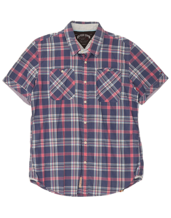 Tommy Hilfiger Mens Short Sleeve Shirt XL Navy Blue Check Cotton
