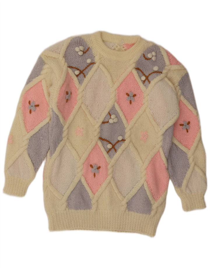 Vintage Womens Crew Neck Jumper Sweater UK 14 Medium Beige Argyle/Diamond