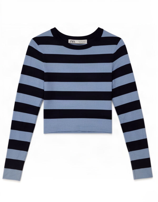 Zara Womens Crop Top Long Sleeve UK 12 Medium Navy Blue Striped