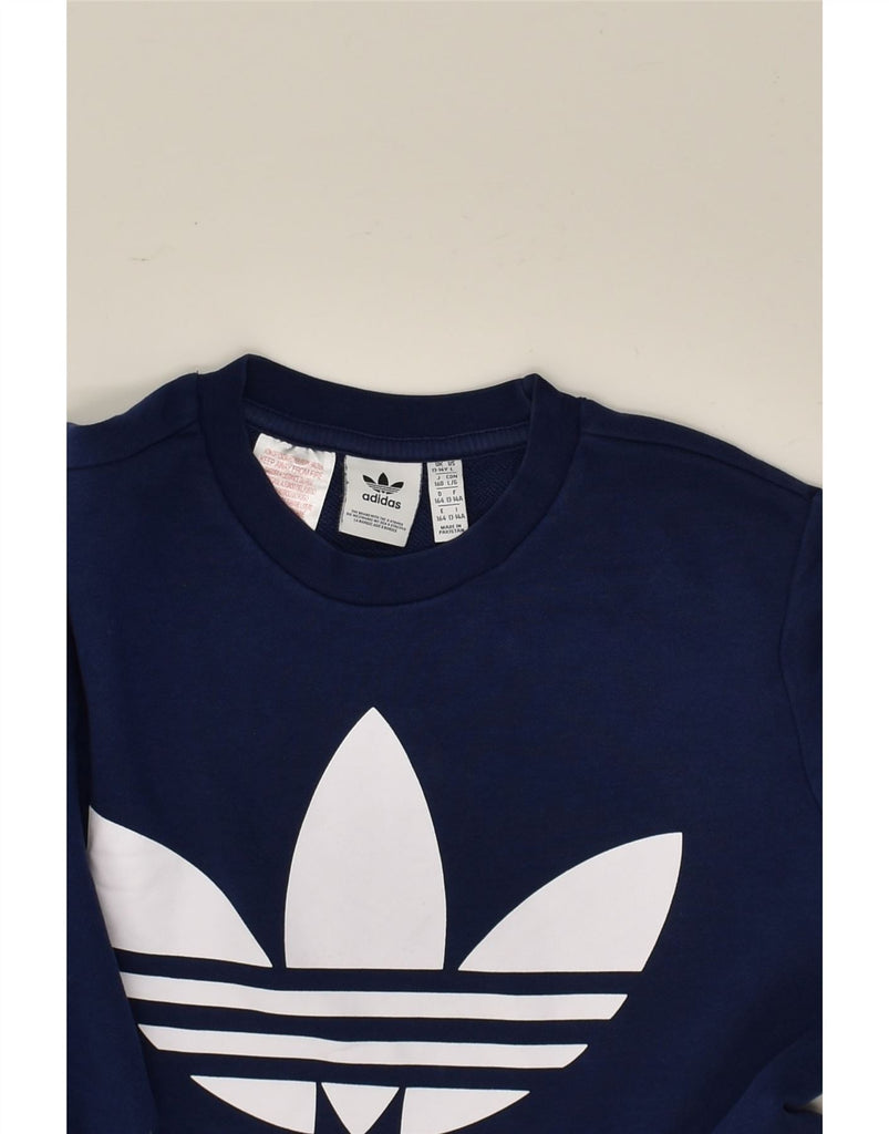 ADIDAS Boys Graphic Sweatshirt Jumper 13-14 Years Navy Blue Cotton | Vintage Adidas | Thrift | Second-Hand Adidas | Used Clothing | Messina Hembry 