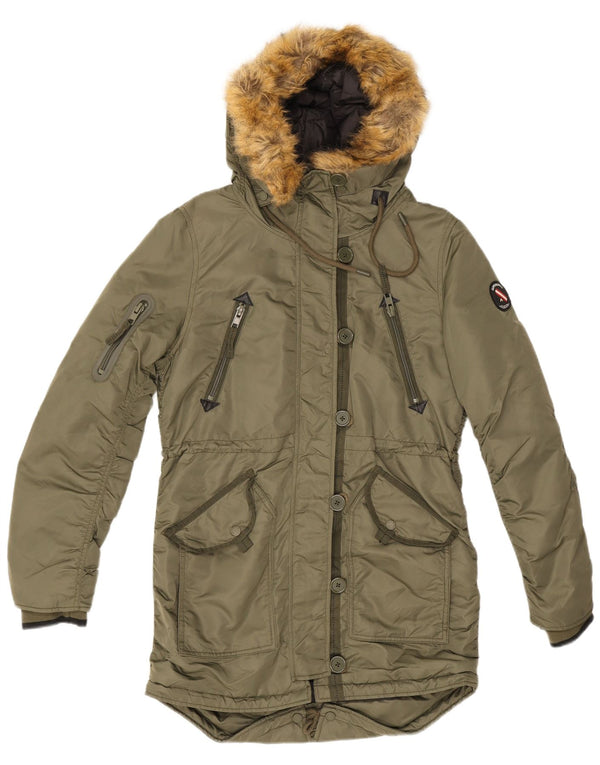 Superdry Womens Hooded Parka Jacket UK 12 Medium Khaki Nylon