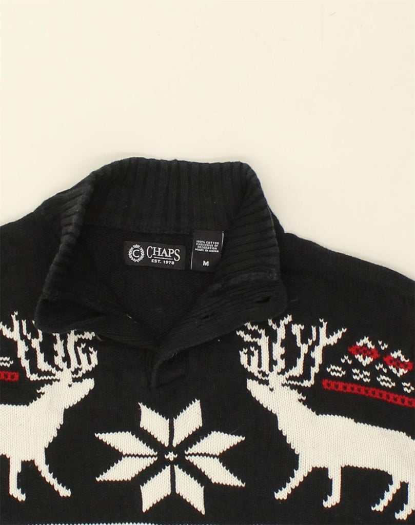 CHAPS Mens Crazy Pattern Button Neck Jumper Sweater Medium Black Fair Isle | Vintage Chaps | Thrift | Second-Hand Chaps | Used Clothing | Messina Hembry 