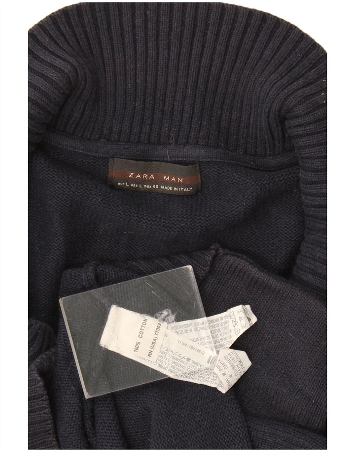 Zara Mens Cardigan Sweater Large Navy Blue Cotton