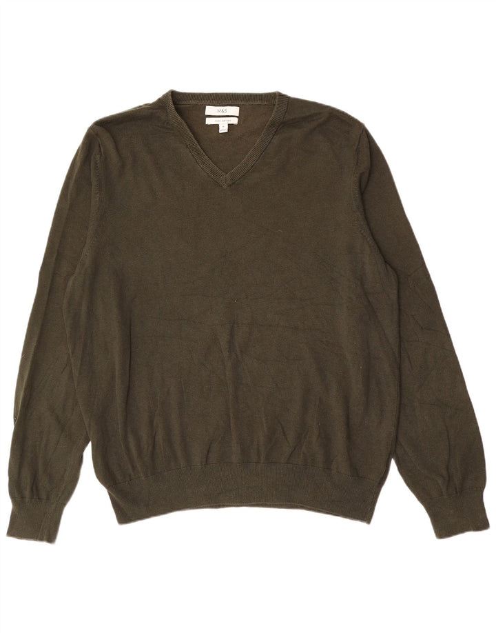 Marks & Spencer Mens V-Neck Jumper Sweater XL Khaki Cotton