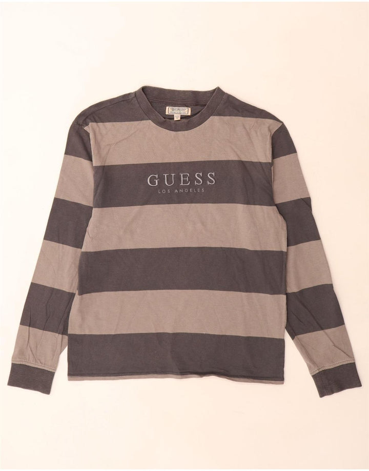 Guess Mens Graphic Top Long Sleeve Medium Grey Striped Cotton