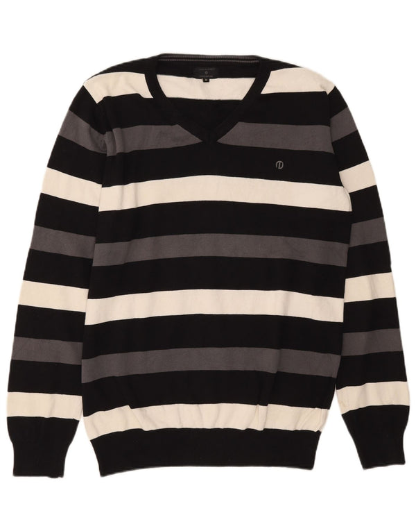 Jack & Jones Mens V-Neck Jumper Sweater Medium Black Striped