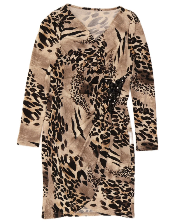 Vintage Womens Long Sleeve Sheath Dress UK 12 Medium Brown Animal Print