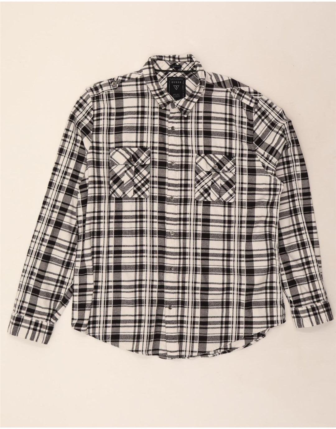 GUESS Mens Slim Fit Military Flannel Shirt 2XL Black Check Cotton