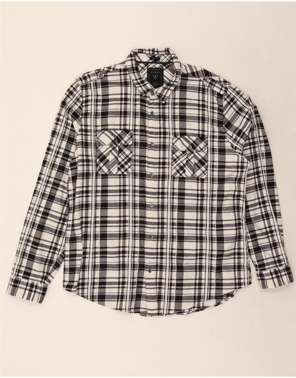 GUESS Mens Slim Fit Military Flannel Shirt 2XL Black Check Cotton