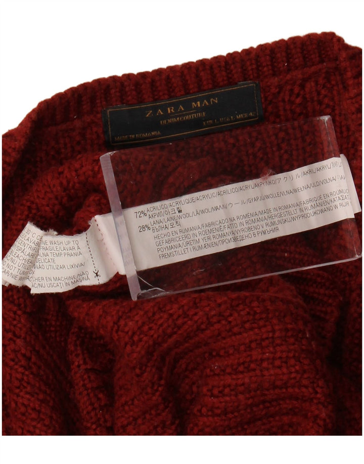 ZARA Mens Crew Neck Jumper Sweater Large Maroon Acrylic