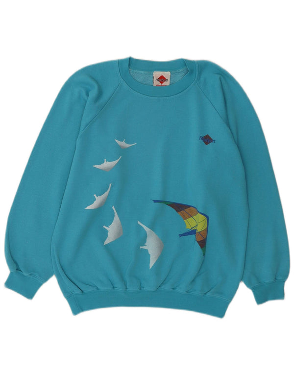 Vintage Womens Graphic Sweatshirt Jumper UK 14 Medium Blue Cotton