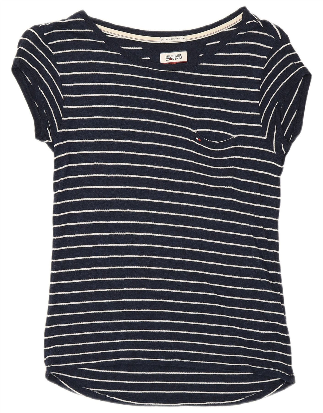 TOMMY HILFIGER Womens T-Shirt Top UK 6 XS Navy Blue Striped Viscose