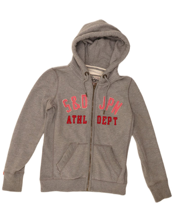 Superdry Womens Graphic Zip Hoodie Sweater UK 12 Medium Grey Cotton