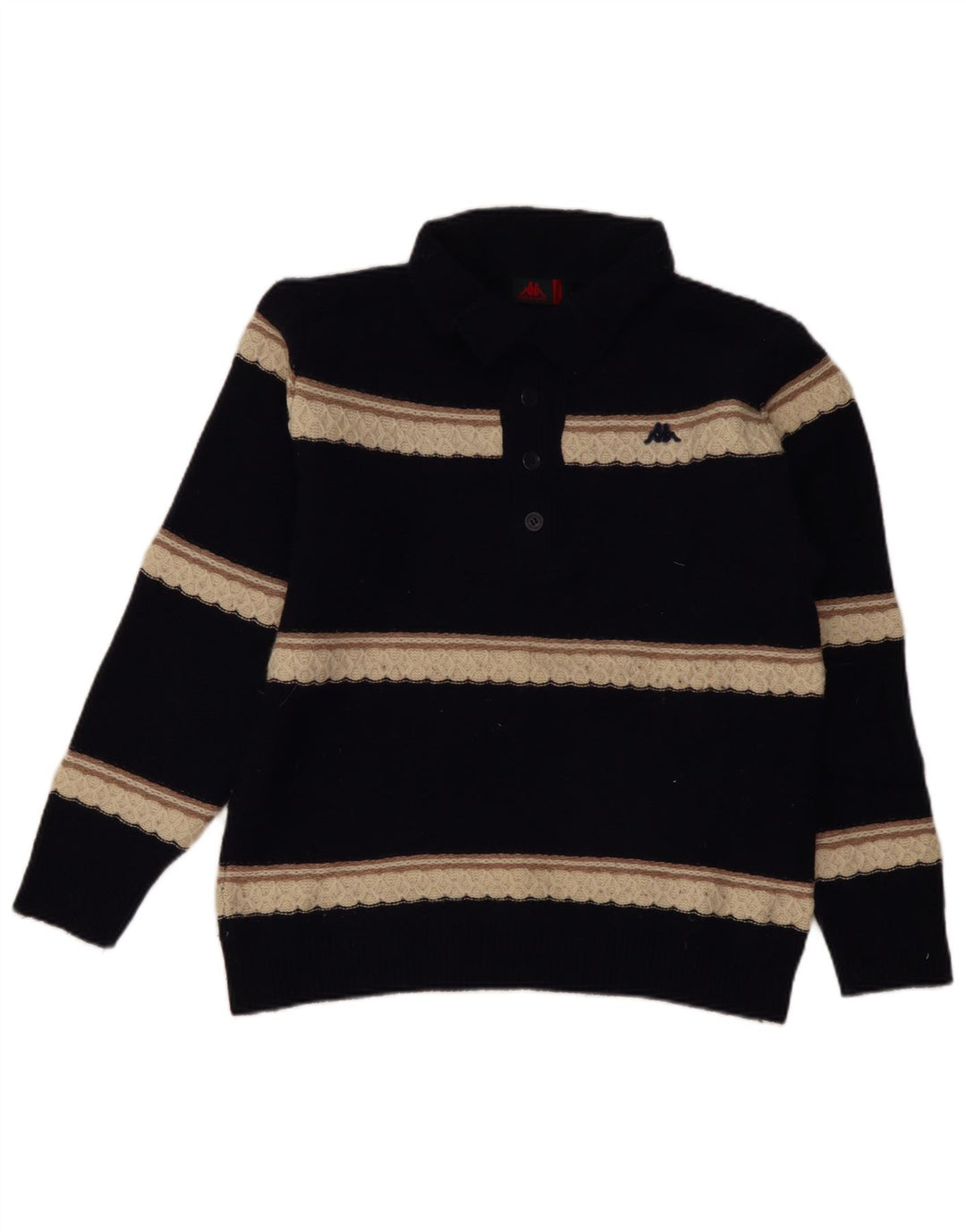 Kappa Mens Button Neck Jumper Sweater Medium Navy Blue Striped Lambswool