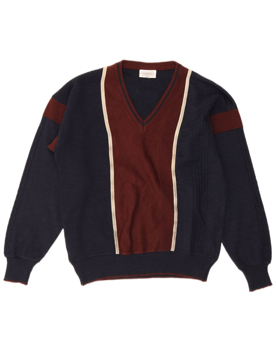 GABICCI Mens V-Neck Jumper Sweater Medium Navy Blue Colourblock Acrylic