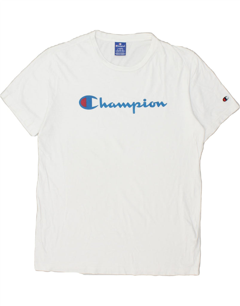 CHAMPION Mens Graphic T-Shirt Top Large White Cotton | Vintage Champion | Thrift | Second-Hand Champion | Used Clothing | Messina Hembry 