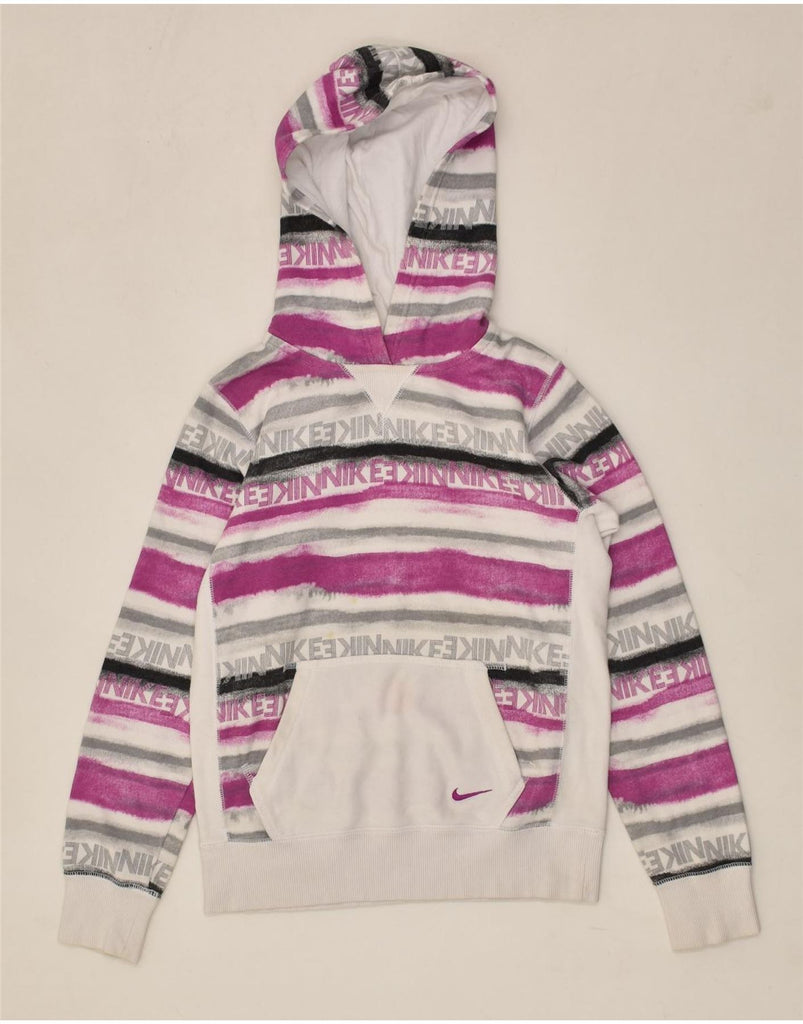 NIKE Girls Graphic Hoodie Jumper 10-11 Years Medium Multicoloured Striped | Vintage Nike | Thrift | Second-Hand Nike | Used Clothing | Messina Hembry 