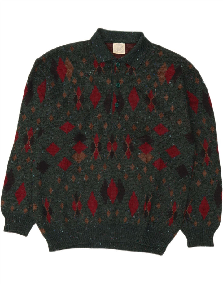 LINEA Mens Polo Neck Jumper Sweater IT 50 Medium Green Argyle/Diamond