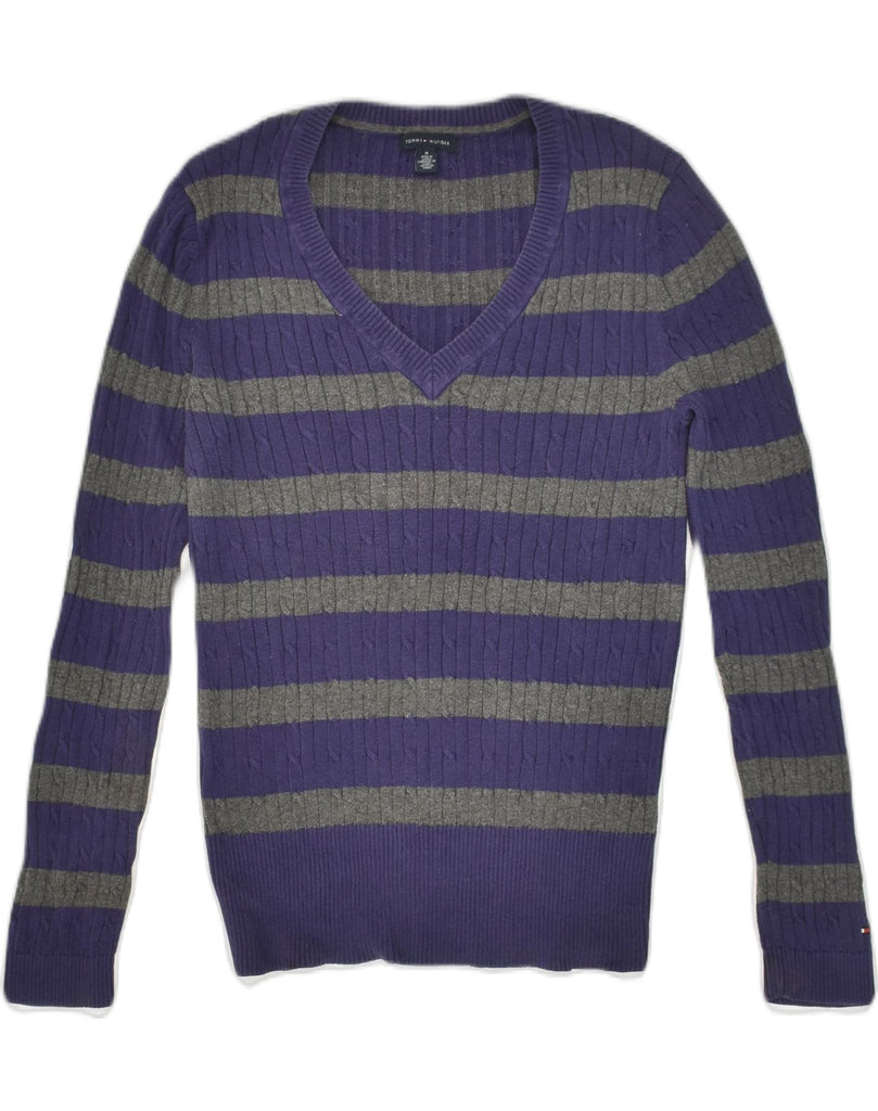 TOMMY HILFIGER Womens V-Neck Jumper Sweater UK 12 Medium Purple Striped | Vintage Tommy Hilfiger | Thrift | Second-Hand Tommy Hilfiger | Used Clothing | Messina Hembry 