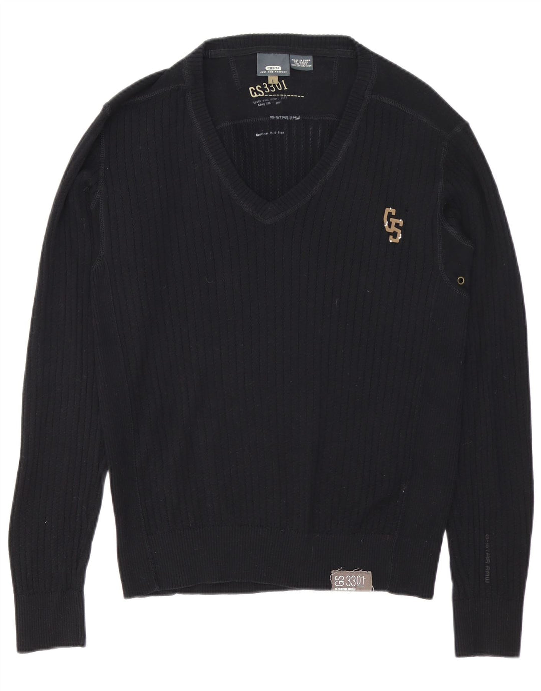 G-Star Mens 3301 V-Neck Jumper Sweater Large Black Cotton