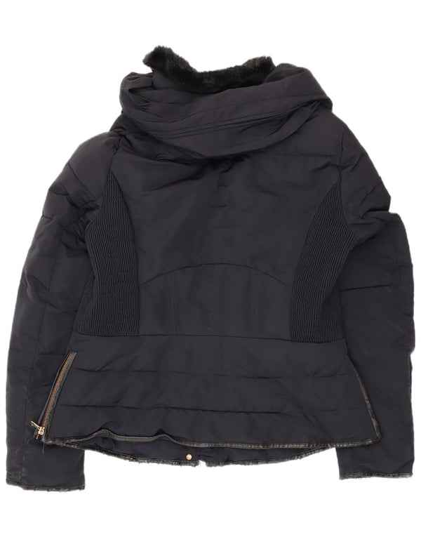 Zara Womens Hooded Padded Jacket UK 16 Large Navy Blue