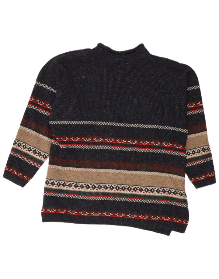 Vintage Mens Turtle Neck Jumper Sweater Medium Navy Blue Striped Acrylic