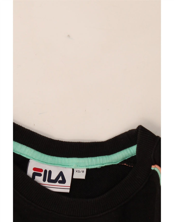 FILA Womens Graphic Sweatshirt Jumper UK 8 Small Black Colourblock Vintage Fila and Second-Hand Fila from Messina Hembry 