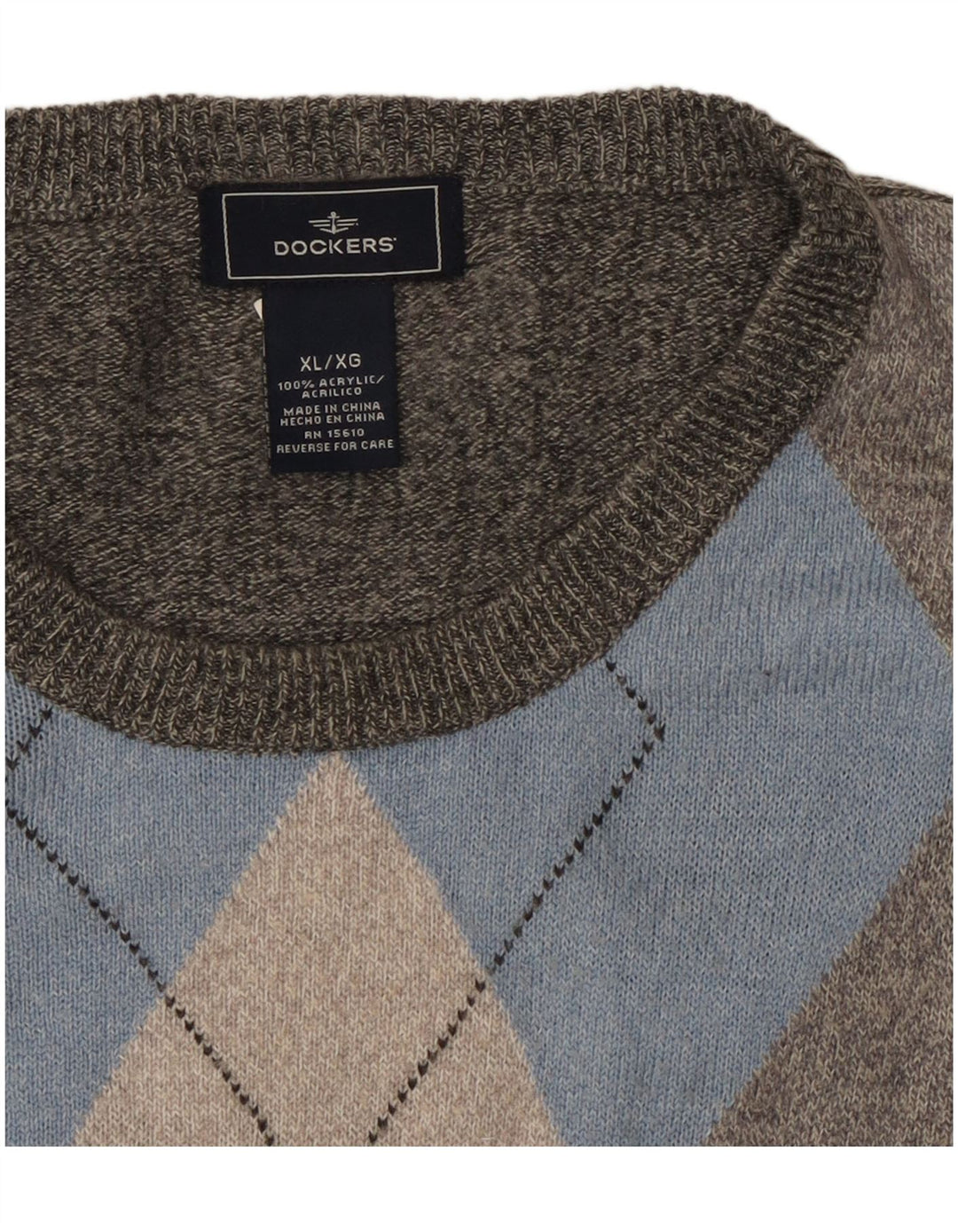 Dockers Mens Crew Neck Jumper Sweater XL Grey Argyle/Diamond Acrylic