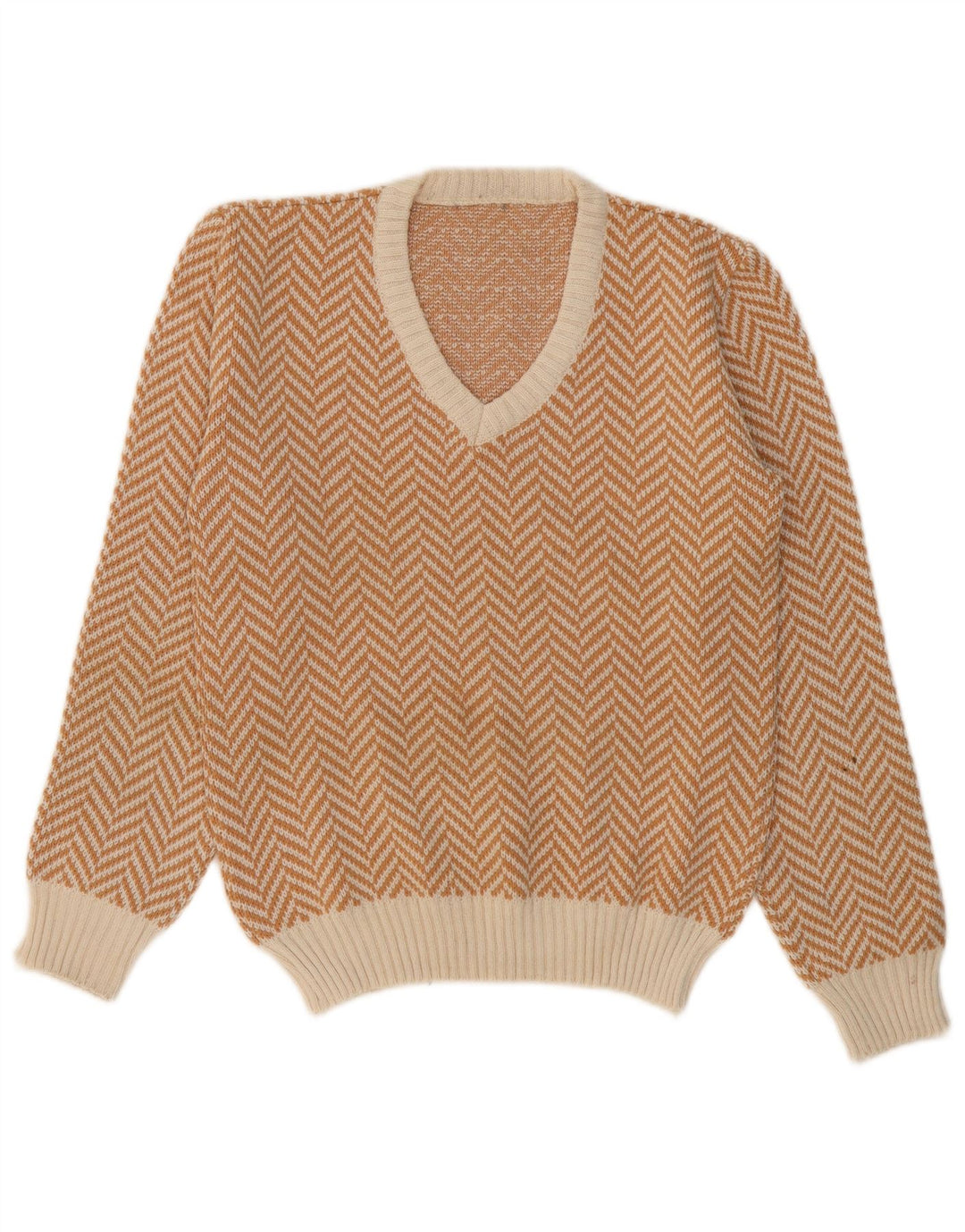 VINTAGE Mens V-Neck Jumper Sweater Small Beige Herringbone
