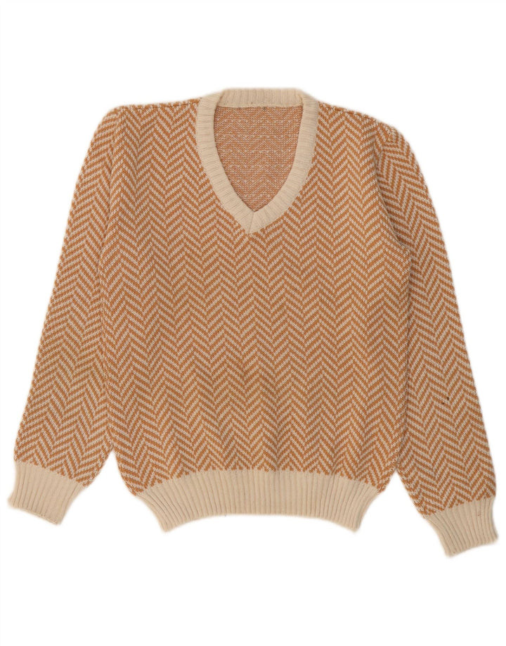VINTAGE Mens V-Neck Jumper Sweater Small Beige Herringbone