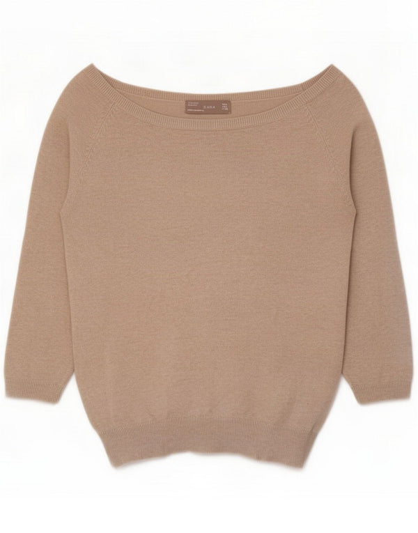 Zara Womens 3/4 Sleeve Off Shoulder Jumper Sweater UK 14 Large Beige Cotton
