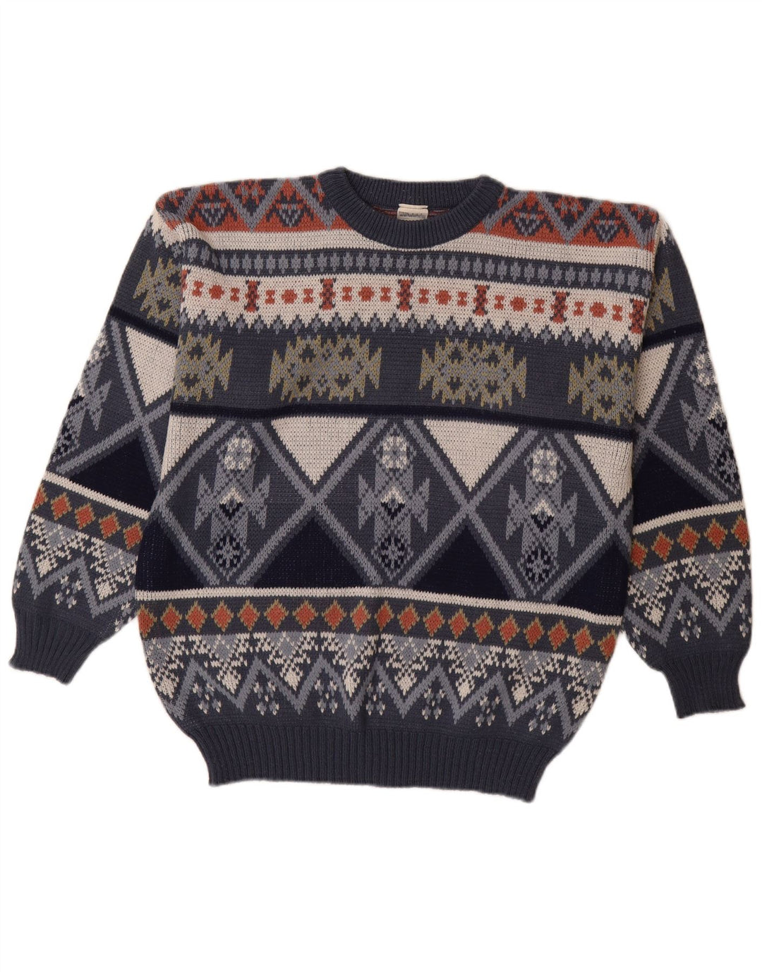 VINTAGE Mens Crew Neck Jumper Sweater IT 48/50 Medium Navy Blue Fair Isle