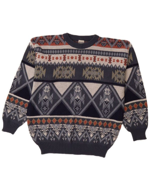 VINTAGE Mens Crew Neck Jumper Sweater IT 48/50 Medium Navy Blue Fair Isle