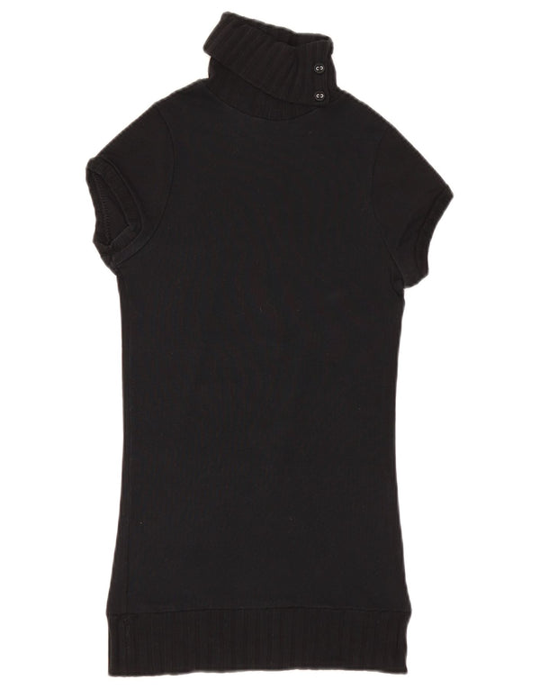 Zara Womens Short Sleeve Button Neck Jumper Sweater UK 8 Small Black