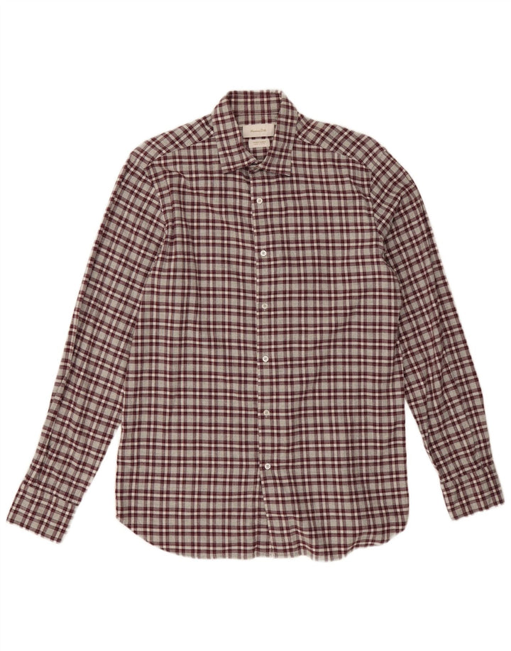 Massimo Dutti Mens Flannel Shirt Medium Burgundy Check Cotton